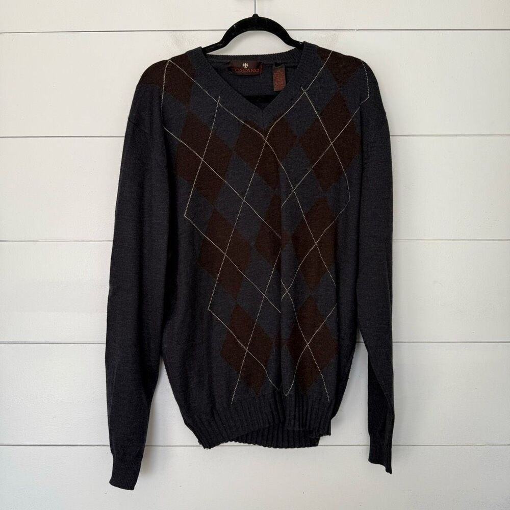 Toscano Men’s Extra Large Merino Wool Argyle Sweater Vneck